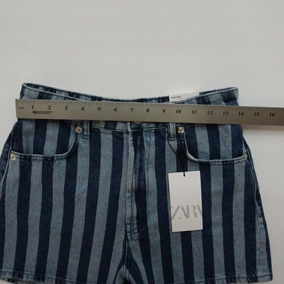 Zara Women's Striped Denim Jean Shorts High Rise Hi-Waist Blue Modern Chic NWT 6 - Picture 8 of 14